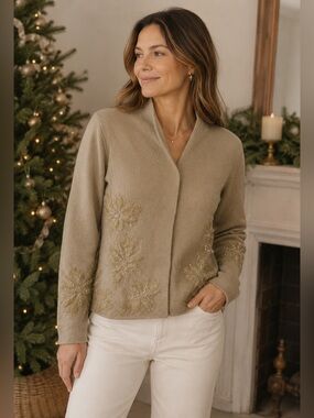 Talbots Beige 100% Wool Knit Cardigan Sweater Size S Embellished Holiday Neutral